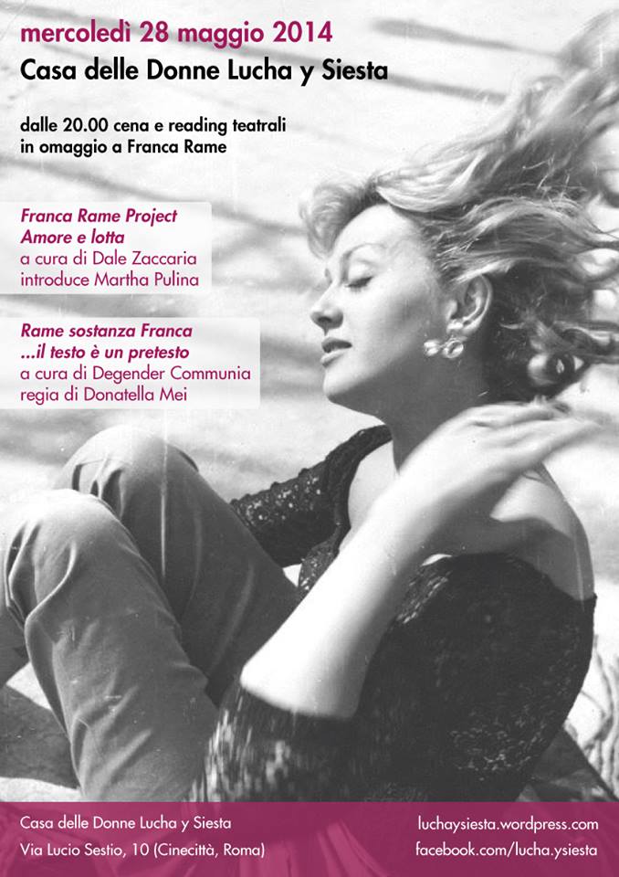 locandina_omaggio a franca rame_casa delle donne_lucha_y_siesta_dale_zaccaria_e_martha_pulina_degender_communia_rame_sostanza_franca_francarameproject